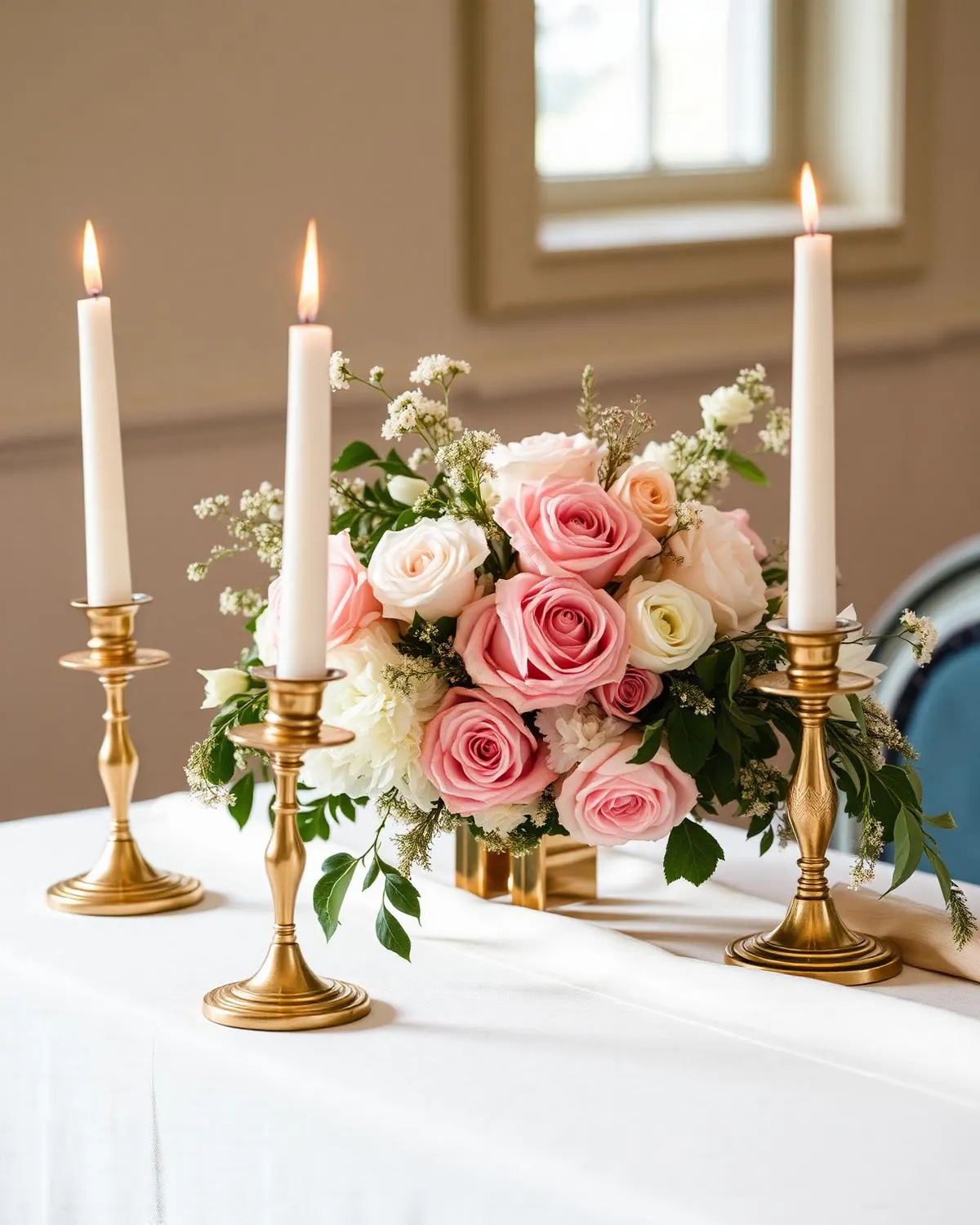 Ivory and blush floral centrepiece with antique gold candlesticks