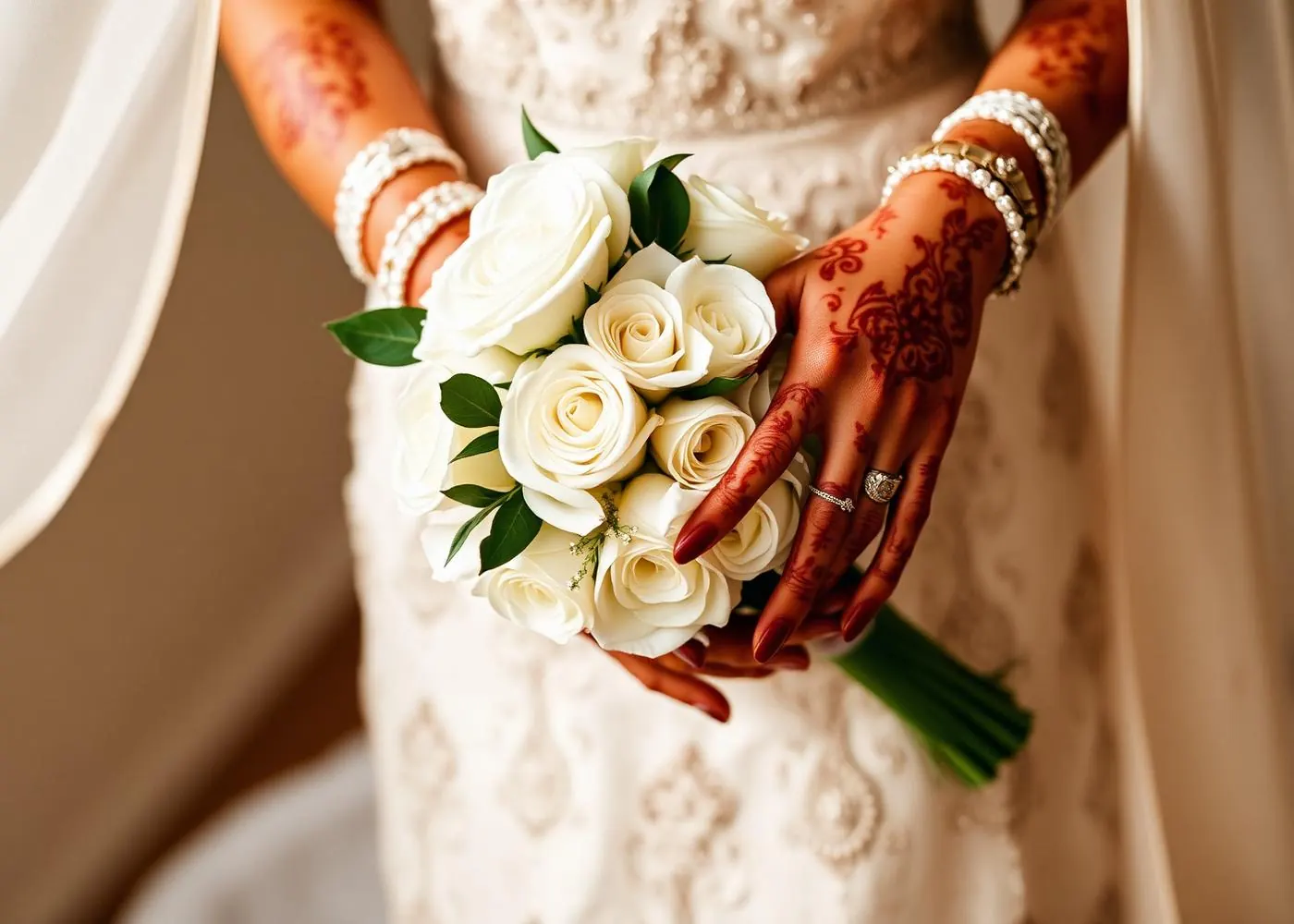 Bride's mehendi-adorned hands holding an ivory bouquet