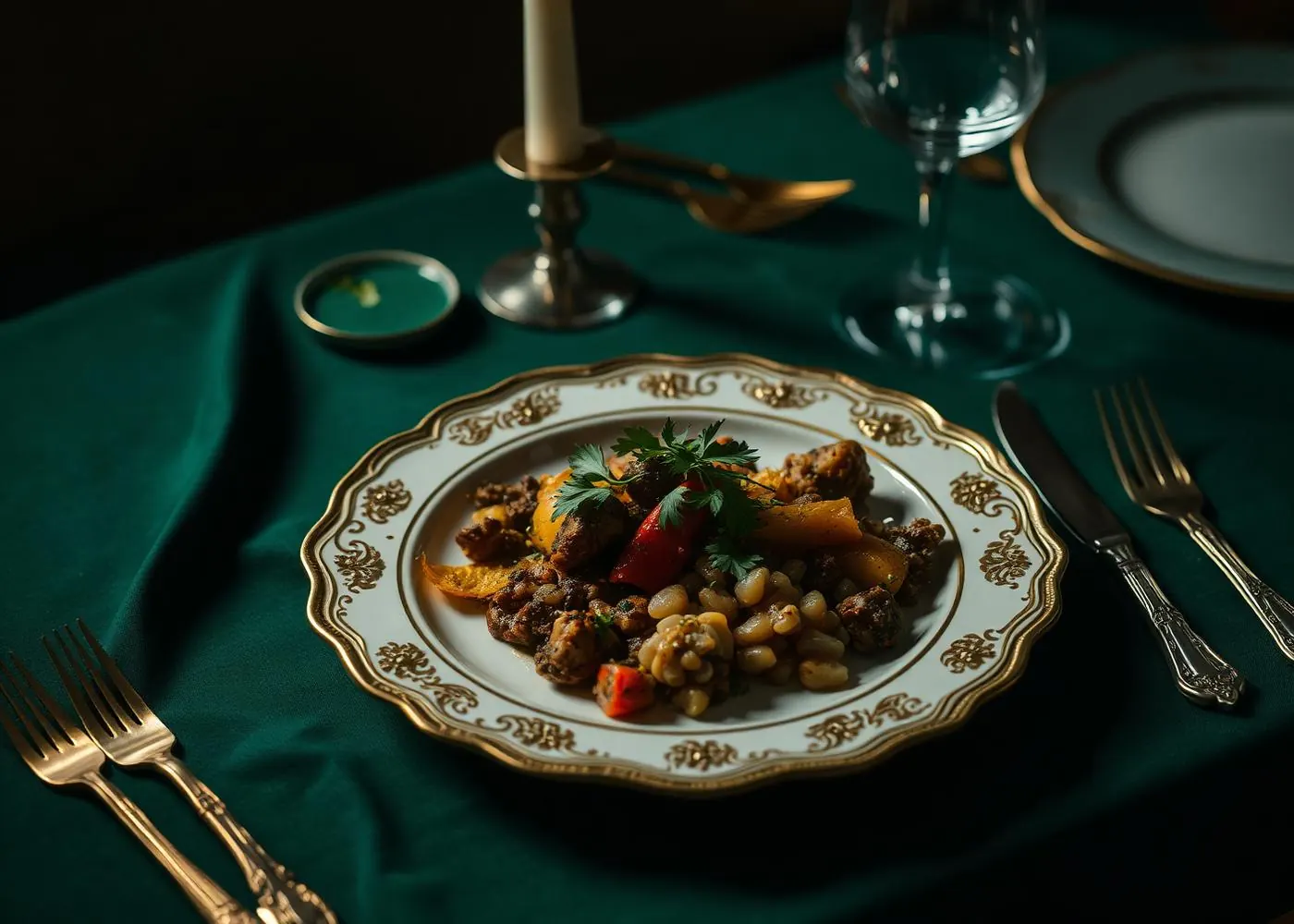 Plated fine-dining course on antique gold tableware