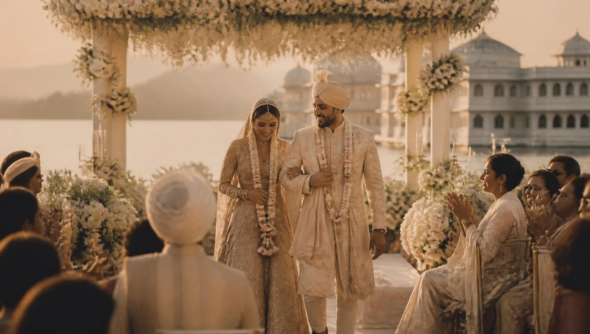 Bride and groom walking beneath an ivory floral canopy at a lakeside palace in Udaipur