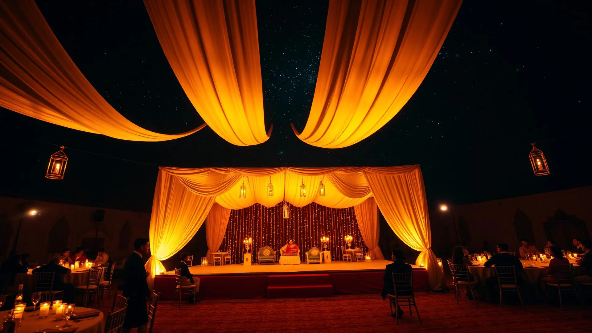 Candlelit sangeet stage beneath ivory drapes and a starlit sky